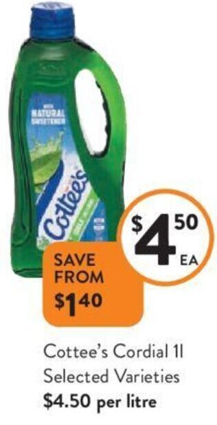Foodworks Cottee's Cordial 1l offer