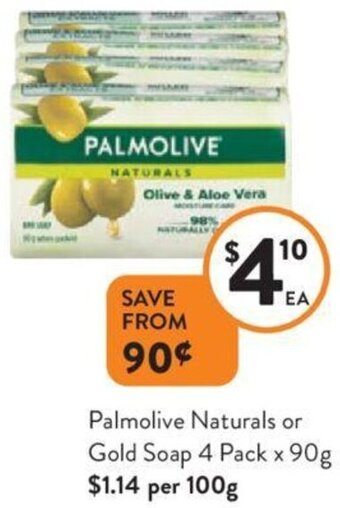 Foodworks Palmolive Naturals or Gold Soap 4 Pack x 90g offer