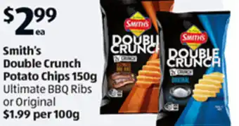 ALDI Smith's Double Crunch Potato Chips 150g Ultimate BBQ Ribs or Original offer
