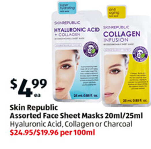 Skin Republic Assorted Face Sheet Masks 20ml/25ml Hyaluronice Acid
