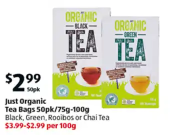 Just Organic Tea Bags 50pk/75g-100g Black, Green, Rooibos or Chai Tea