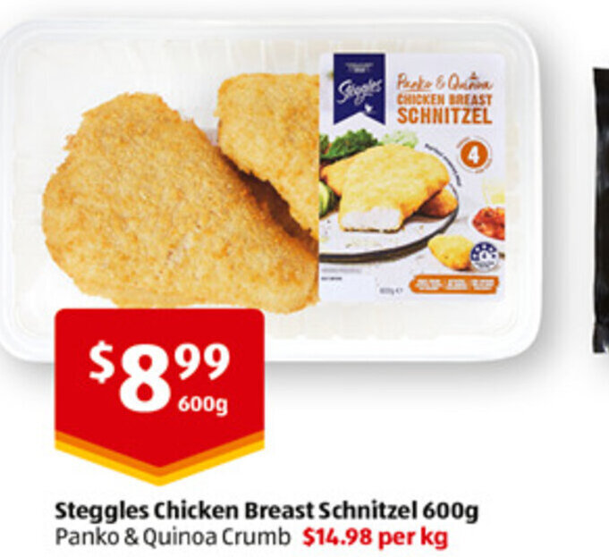 Steggles Chicken Breast Schnitzel 600g Panko & Quinoa Crumb offer at ALDI