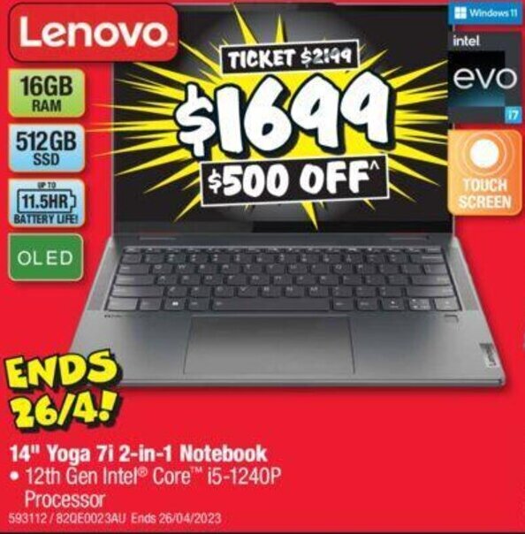Lenovo 16GB Windows 11 Intel Evo 14" yoga 7i 2In1 notebook offer at