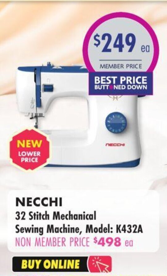 NECCHI 32 Stitch Mechanical Sewing Machine, Model K432A offer at Lincraft