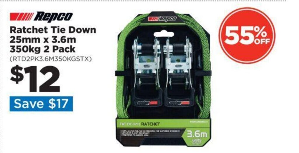 Repco Ratchet Tie Down 25mm x 3.6m 350kg 2 Pack (RTD2PK3.6M350KGSTX