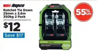 Repco Repco Ratchet Tie Down 25mm x 3.6m 350kg 2 Pack (RTD2PK3.6M350KGSTX) offer