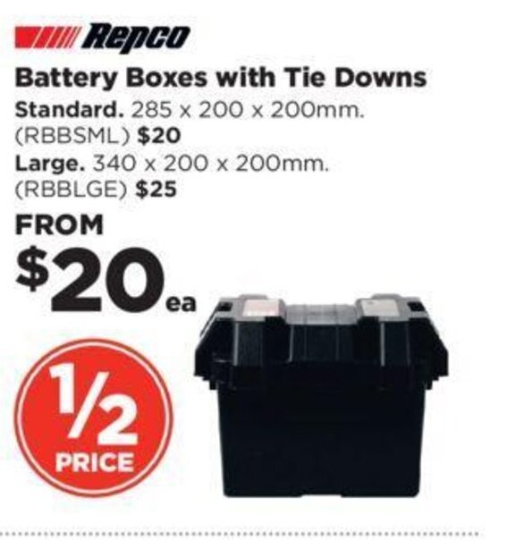 Repco Battery Boxes with Tie Downs Standard. offer at Repco
