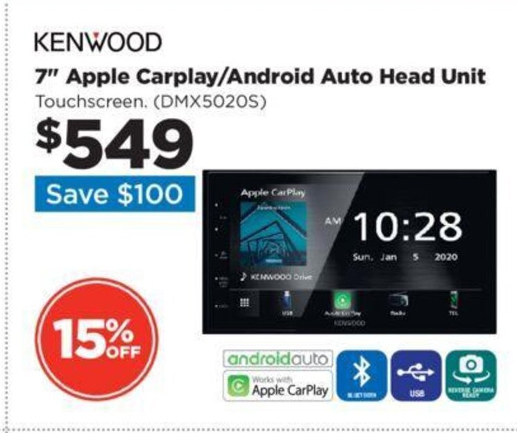 KENWOOD 7" Apple Carplay/Android Auto Head Unit Touchscreen. (DMX5020S