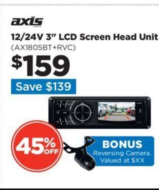 Axis 12/24V 3" LCD Screen Head Unit (AX1805BT+RVC) offer at Repco