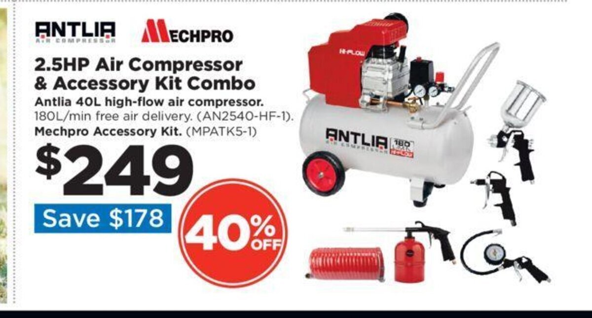 ANTLIA MECHPRO 2.5HP Air Compressor & Accessory Kit Combo Antlia 40L