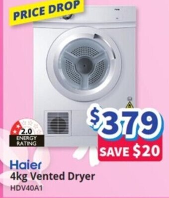 Bi-Rite Haier 4kg Vented Dryer HDV40A1 offer