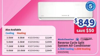 Bi-Rite Kelvinator Reverse Cycle Split System Air Conditioner 2.5kW Cooling 3.2kW Heating KSD25HWJ offer