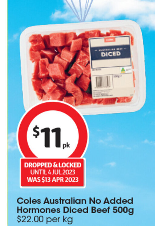 Coles Australian No Added Hormones Diced Beef 500g offer at Coles