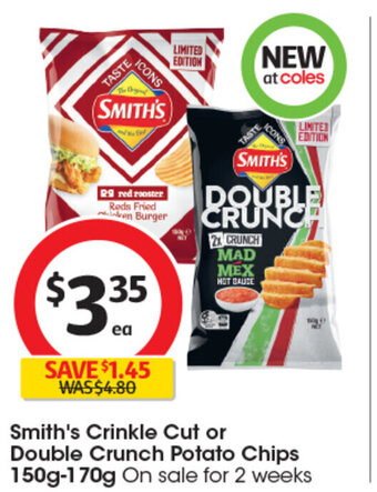 Coles Smith's Crinkle Cut or Double Crunch Potato Chips 150g-170g offer