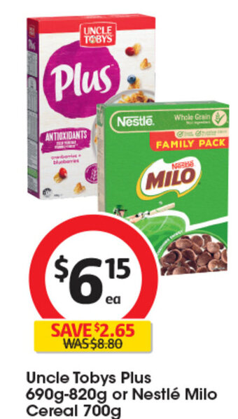 Coles Uncle Tobys Plus 690g-820g or Nestlé Milo Cereal 700g offer