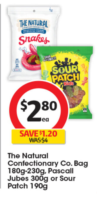 Coles The Natural Confectionary Co. Bag 180g-230g, Pascall Jubes 300g or Sour Patch 190g offer