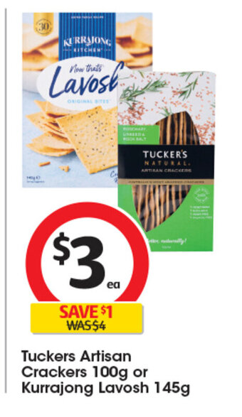 Coles Tuckers Artisan Crackers 100g or Kurrajong Lavosh 145g offer