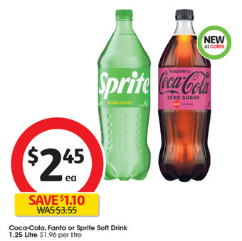 Coles Coca-Cola, Fanta or Sprite Soft Drink 1.25 Litre offer
