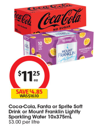 Coles Coca-Cola, Fanta or Sprite Soft Drink or Mount Franklin Lightly Sparkling Water 10x375mL offer
