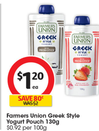 Coles Farmers Union Greek Style Yogurt Pouch 130g offer