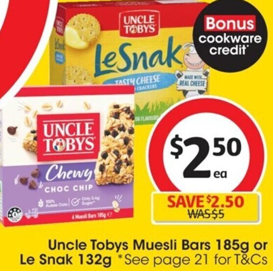 Uncle Tobys Muesli Bars 185g or Le Snak 132g offer at Coles