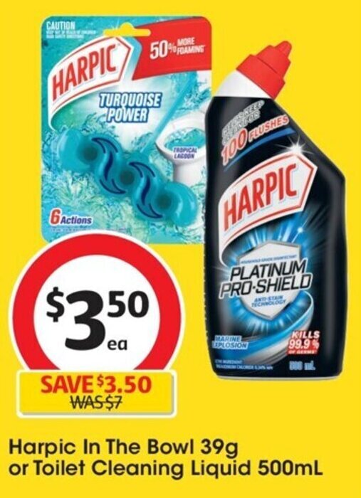 Harpic In The Bowl 39g or Toilet Cleaning Liquid 500mL offer at Coles