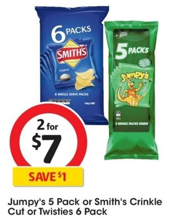 Coles Jumpy's 5 Pack or Smith's Crinkle Cut or Twisties 6 Pack offer