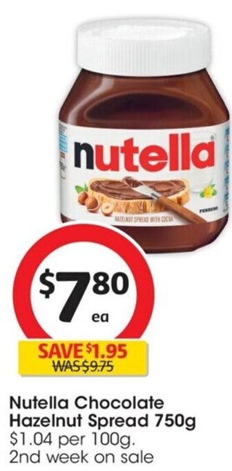 Coles Nutella Chocolate Hazelnut Spread 750g offer