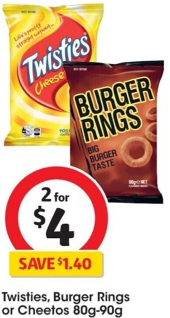 Coles Twisties, Burger Rings or Cheetos 80g-90g offer