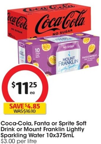 Coles Coca-Cola, Fanta or Sprite Soft Drink or Mount Franklin Lightly Sparkling Water 10x375mL offer