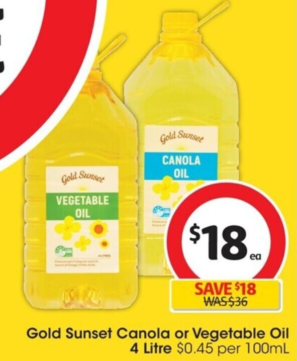 Gold Sunset Canola or Vegetable Oil 4 Litre offer at Coles