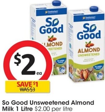 Coles So Good Unsweetened Almond Milk 1 Litre offer