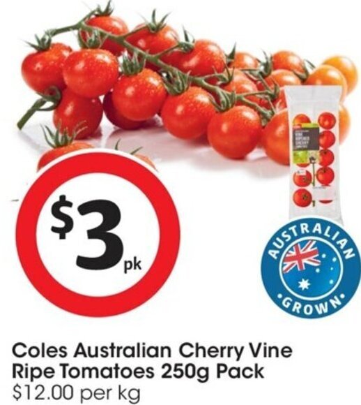 Coles Australian Cherry Vine Ripe Tomatoes 250 Pack offer at Coles