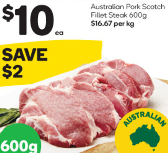 Australian Pork Scotch Fillet Steak 600g offer at Woolworths