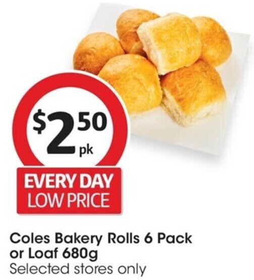 Coles Bakery Rolls 6 Pack or Loaf 680g offer at Coles