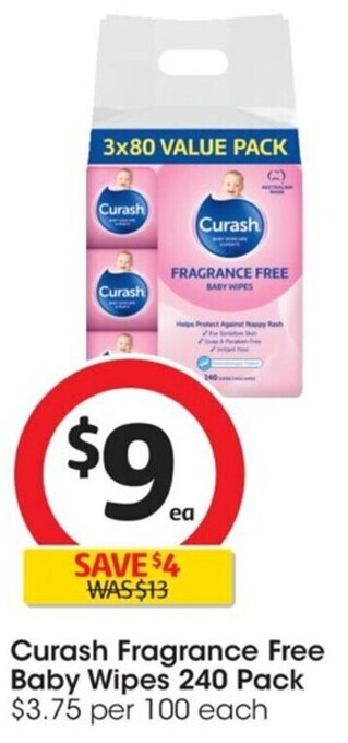 Coles Curash Fragnance Free Baby Wipes 240 Pack offer