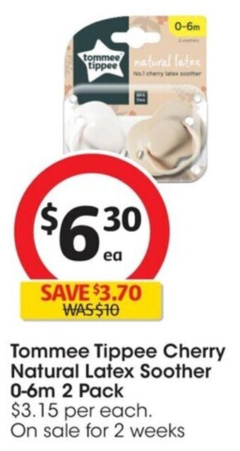 Coles Tommee Tippee Cherry Natural Latex Soother 0-6m 2 Pack offer