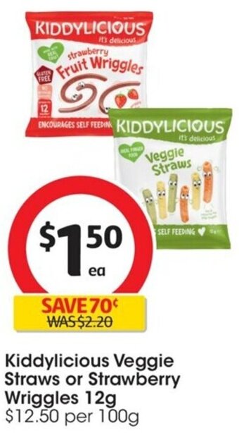 Coles Kiddylicious Veggie Straws or Strawberry Wriggles 12g offer