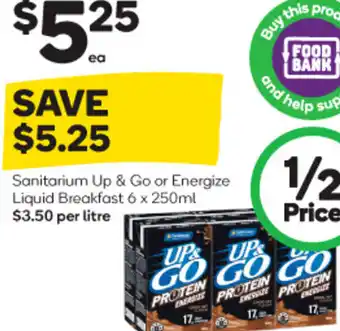 Woolworths Sanitarium Up & Go or Energize Liquid Breakfast 6 x 250ml offer