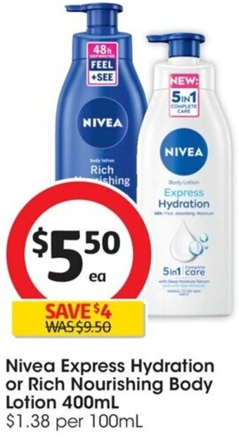 Coles Nivea Express Hydration or Rich Nourishing Body Lotion 400mL offer