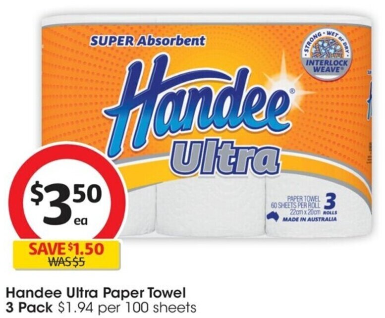 Handee Ultra Paper Towel 3 Pack offer at Coles