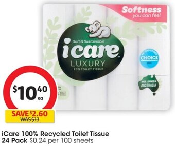 Coles iCare 100% Recycled Toilet Tissue 24 Pack offer