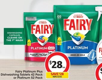 Coles Fairy Platinum Plus Dishwashing Tablets 42 Pack or Platinum 52 Pack offer