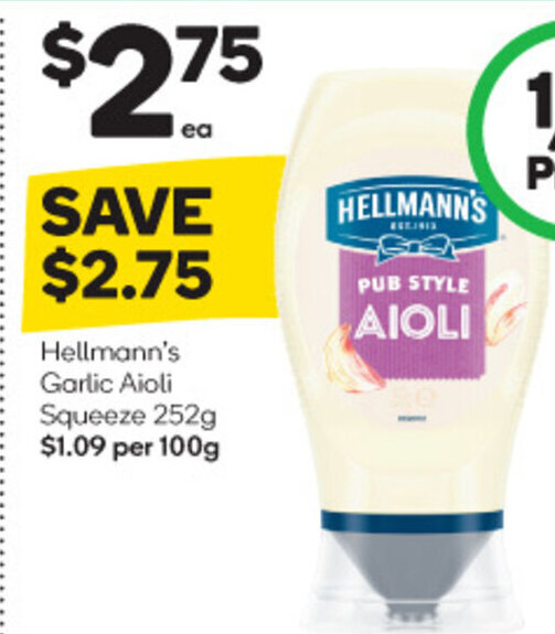 Hellmann's Garlic Aioli Squeeze 252g offer at Woolworths