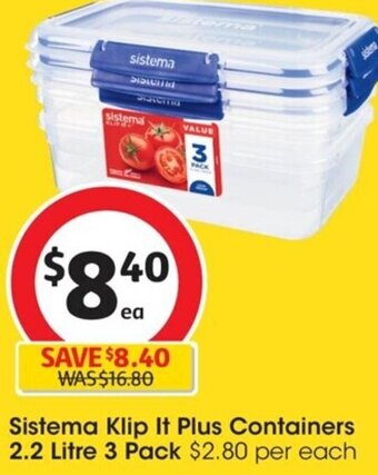 Coles Sistema Klip It Plus Containers 2.2 Litre 3 Pack offer