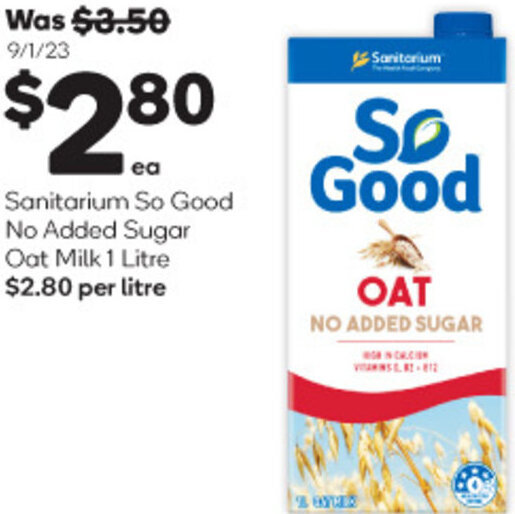 Sanitarium So Good No Added Sugar Oat Milk 1 Litre offer at Woolworths