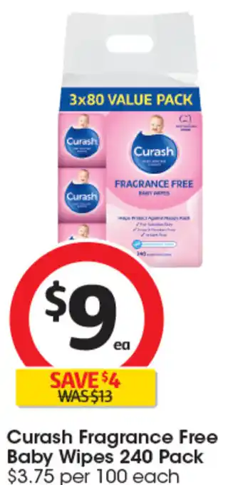 Coles Curash Fragnance Free Baby Wipes 240 Pack offer