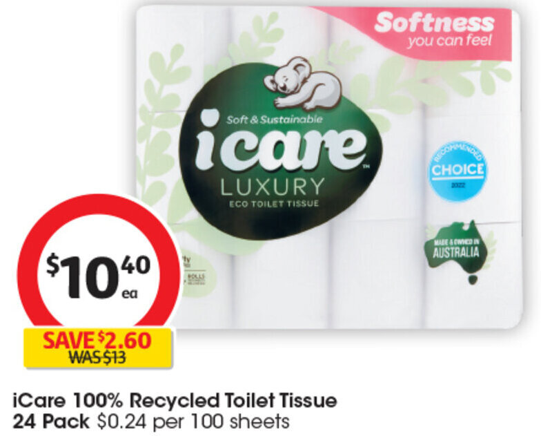 iCare 100 Recycled Toilet Tissue 24 Pack offer at Coles