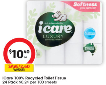 Coles iCare 100% Recycled Toilet Tissue 24 Pack offer