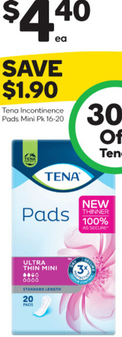 Woolworths Tena Incontinence Pads Mini pk 16-20 offer